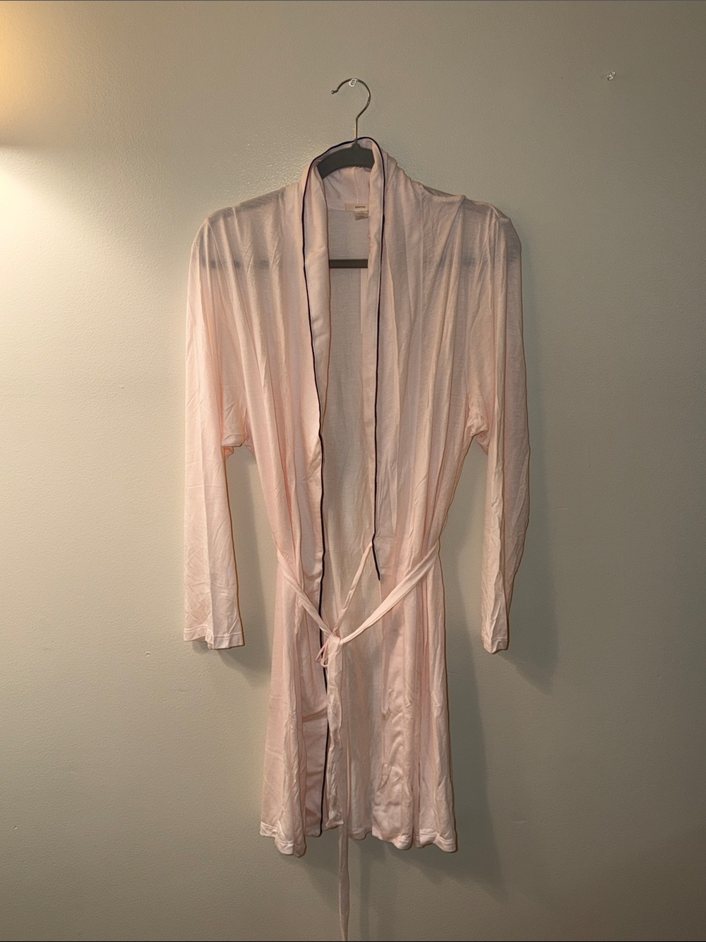 NWT Eberjey The Wrap Robe Light Blush Pink Navy Trim Belted Short Robe Size L/XL